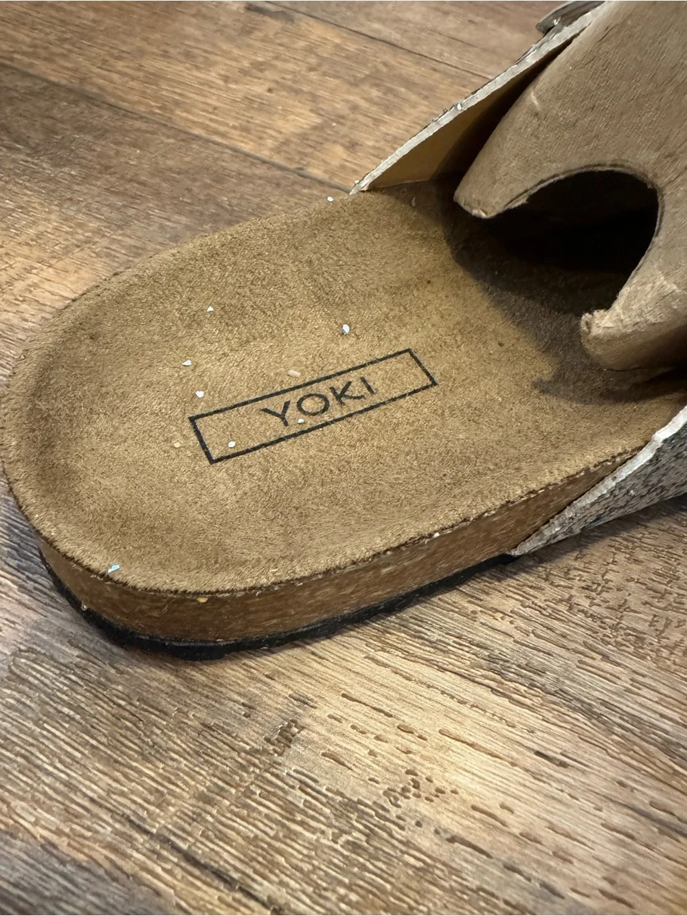 Yoki Silver Glitter Double-Buckle Slide Sandals Tan Cork-Style Soles Size 8.5